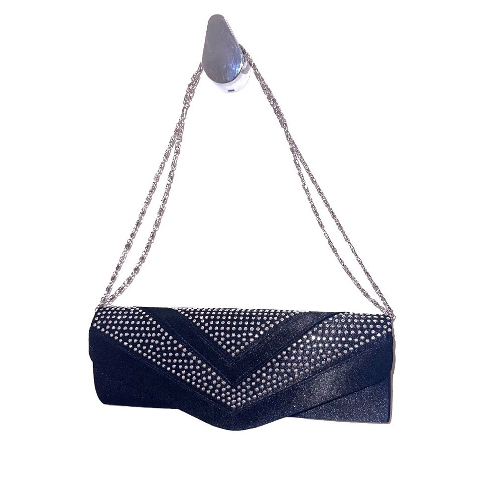BLACK Satin Rhinestone Encrusted Clutch Bag - Picture 5 of 16